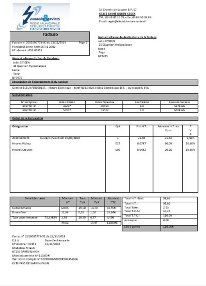 France Energies & Services Régie Municipal d’ Electricité Sarre-Union electricity utility bill 